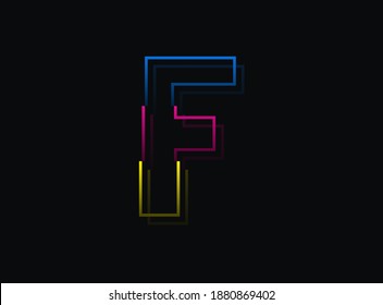 F letter font, vector design logo. Dynamic, split-color, blue, pink, yellow on black background. Eps10 illustration