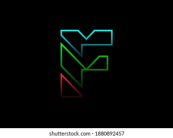 Tipo de letra F, logotipo de diseño vectorial. Dinámico, rgb de dos colores, rojo, verde, azul sobre fondo negro. Ilustración Eps10