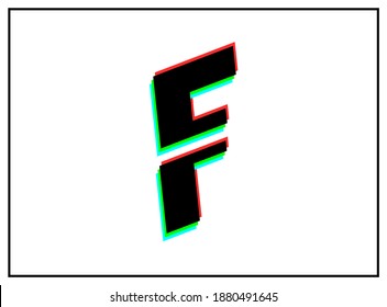 F letter font, vector desing logo.Dynamic, split-color, shadow of  number red, green, blue in black frame on white background. Eps10 illustration