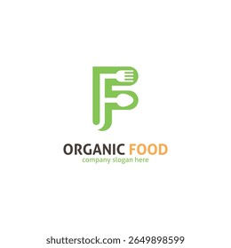 F Letter Food Logo. Green Spoon and Fork Monogram for Organic Restaurant.