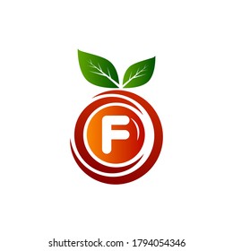 F letter fruit logo with green leaf and gradient.F Letter Orange logo design.F letter circle fruit logo design.Leaf and fruit logo with F letter