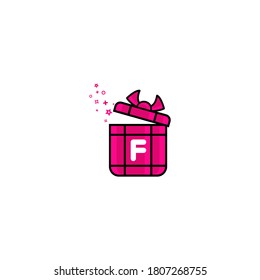 f Briefgeschenkbox Logo Design Vektor Template.Logo Geschenkvorlage. Buchstabe f in der Schachtel für das Geschenk. Konzeption zeigt Embleme und Zeichen. Geschenkbox-Symbol auf Rosa.f Geschenkbox-Logo
