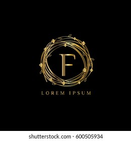 F letter golden wreath vector logo design template
