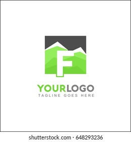 F Letter Green Forest. Minimal and Modern Mountain Logo.