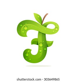 F letter with green leaves and dew drops. Vector design template elements for your application or corporate identity.