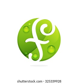 F letter with green leaves and dew drops. Vector design template elements for your application or corporate identity.