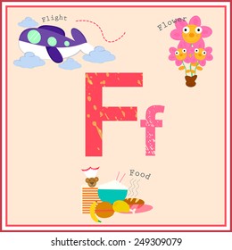 F Letter in Grunge Pink styled Texture with Vocabulary Started First Word with F Illustration