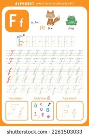 F hoja de trabajo de práctica de escritura a mano de letras. Hoja de cálculo de seguimiento de letras de alfabeto para niños con juegos e ilustraciones brillantes. Página Aprendiendo actividad alfabética. Plantilla imprimible.