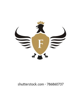 F letter heraldic logo vector illustration with wings gold color 