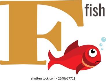 F letter icon. Fish on cartoon alphabet card