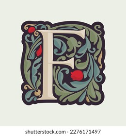 F letter illuminated initial with curve leaf ornament and tulips. Medieval dim colored fancy drop cap logo. Gothic heraldry blackletter dark-age emblem. Perfect for luxury calligraphy with pattern.