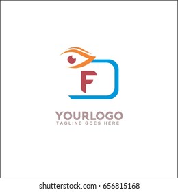 F letter initial with eyes logo in orange & blue color