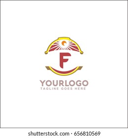 F letter landscape vector illustration. Vintage sunset logo with sun.