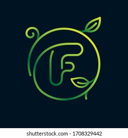 F Briefblattlogo in einem Kreis. Unmögliches Einzeilenstil. Perfektes grünes Symbol für Umweltzeichen, Landschaftspopster und Gartenidentität, etc.