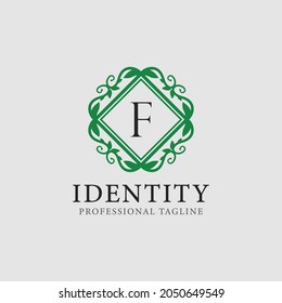 F letter leaf monogram logo and text badge emblem -  vector image