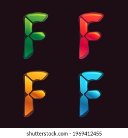 F letter logo in alarm clock style. Digital font in four color schemes for futuristic company identity, nightlife magazine, expressive posters.