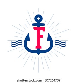 F letter logo. Anchor and rope vector vintage label, logo, icon design template element. This badge can be used as trademark or a print on fabric.