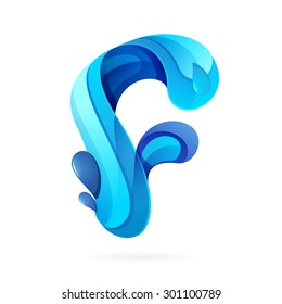 F letter logo with blue water splash and drops. Creative vector design template elements for your application or corporate identity.