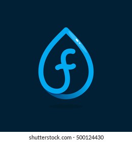 F letter logo in blue water drop. Line style icon. Vector ecology elements for posters, t-shirts and cards.