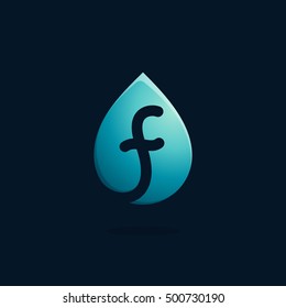 F letter logo in blue water drop. Negative space style icon. Vector ecology elements for posters, t-shirts and cards.