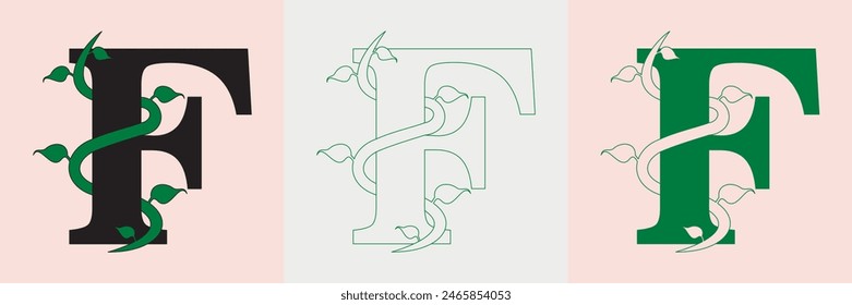 "F" Letter Logo for business and company identity with vines. Unique Hand Drawn Alphabet letter font. Vector Illustration.