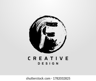 F Letra Logotipo Con Elemento Grunge Círculo. Plantilla de diseño del logotipo de la bandeja de círculo retro.