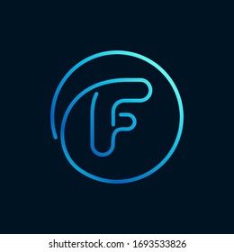 F letter logo in a circle. Impossible line style. Perfect blue icon for digital labels, nightlife print, neon advertising, etc.