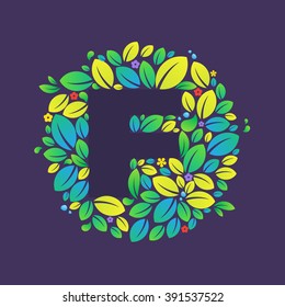 F letter logo in a circle of leaves and flowers. Font style, vector design template elements for your vegan or ecology application or corporate identity.