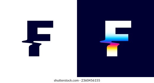 F letter logo with color glitch. Neon double exposure style. Multicolor gradient sign with hologram and illusion effect. Glowing color shift vector icon for nightlife labels, game screens, vibrant adv