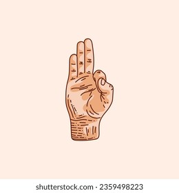 F letter logo in a deaf-mute hand gesture alphabet. Hand drawn vector illustration isolated on brown background.