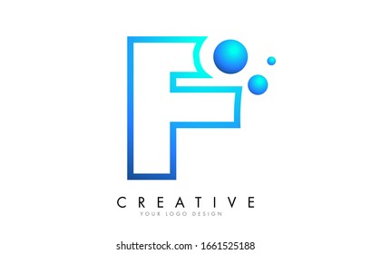 F Letter Logo Design with 3D and Ribbon Effect and Dots. Colorful rounded Letter with Blue Gradient.