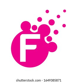 F Letter Logo Design with Circular Purple Dots Bubble Pattern.