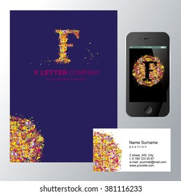 F letter - logo design concept illustration. F logo sign for business company. Corporate identity - visit card, poster, folder, brochure cover. Mosaic decorative style.