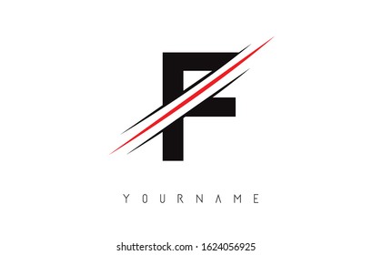 F Letter Logo Design cutted in the middle with a red line and with sharp edges.  Creative logo design. Fashion icon design template.