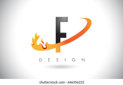 F Letter Logo Design with Fire Flames and Orange Swoosh Vector Illustration.