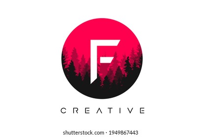 F Letter Logo Design with Pine Forest Vector Shapes and Red Circular shape Color Illustration