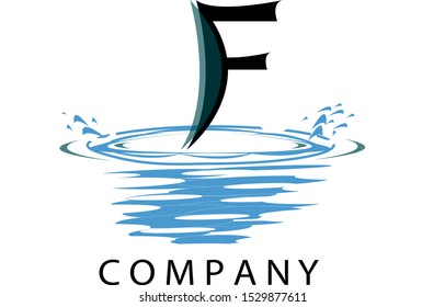 F Letter Logo Design with Water Splash Ripples Drops Reflection Vector Icon Illustration for label, logo, modern lettering, mock-up, company name, title, front page or web page graphic design.
