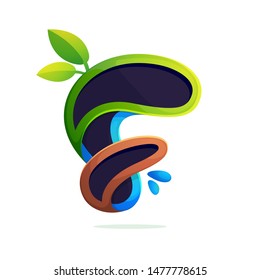 F letter logo ecology stylized with green leaves and dew drops. Font style, vector design template elements for your eco friendly or organic label. 