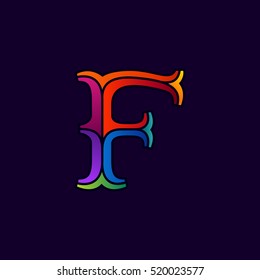 F letter logo in elegant multicolor faceted style. Vintage vector typeface for labels, headlines, posters, cards etc.