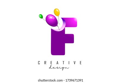 F Letter Logo with flying colorful balloons and 3d Effect Vector Illustration. Balloons illustration with F letter.
