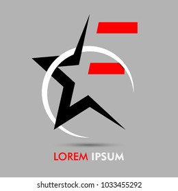 F letter logo font red with black star and white ring isolated on gray background. Vector design template elements for your application or company identity.