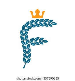 F letter logo formed by laurel wreath with crown. Vector design template elements for your application or corporate identity.