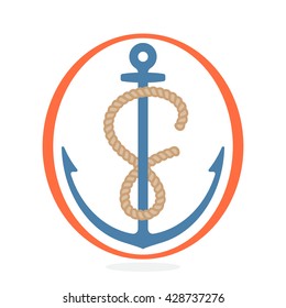 F letter logo formed by rope with an anchor. Vintage badge can be used for a print on fabric, emblem and design elements. 