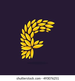 F letter logo formed by gold leaves. Vintage award laurel wreath. Vector triumph and success elements for banner, presentation, web page, card, labels or posters.