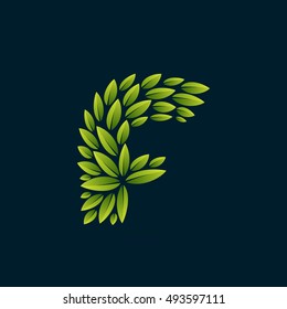 F letter logo formed by fresh green leaves. Vector ecology elements for banner, presentation, card, labels or posters.
