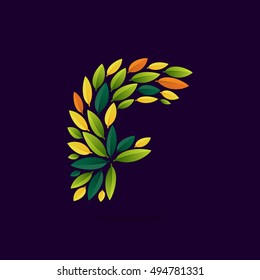 F Letter Logo Formed By Green And Autumn Leaves. Leaf Pattern. Vector Ecology Elements For Banner, Presentation, Card, Labels Or Posters.