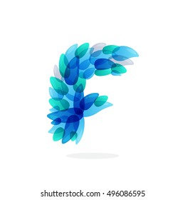 F letter logo formed by blue water splashes. Droplet pattern. Vector ecology elements for posters, t-shirts and cards.