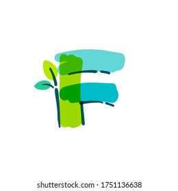 F letter logo with green leaf handwritten with a felt-tip pen. Vector bold marker font can be used for nature labels, summer headlines, bio posters, ecology cards etc.