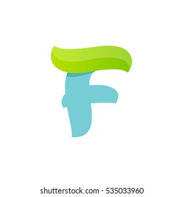 F letter logo with green leaf. Vector script font for your ecology posters, t-shirts, presentation or card.