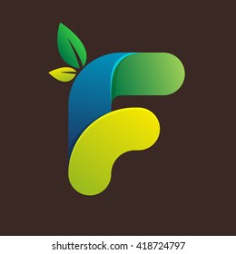 F letter logo with green leaves. Font style, vector design template elements for your eco application or corporate identity.